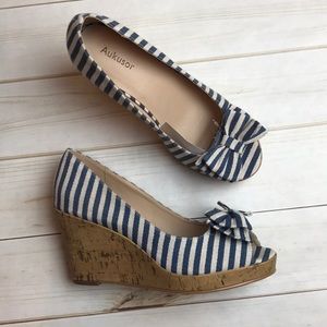 Aukusor Blue Stripe Bow Open Toe Wedge Heels
